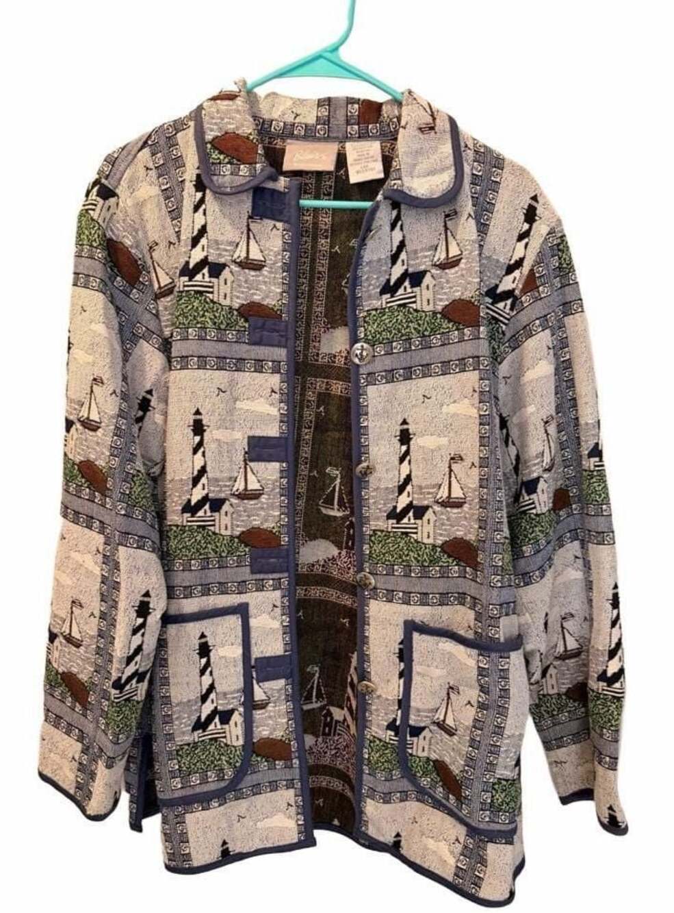 Vintage Blair Nautical Lighthouse Sailboat Tapestry Jacket Size L
